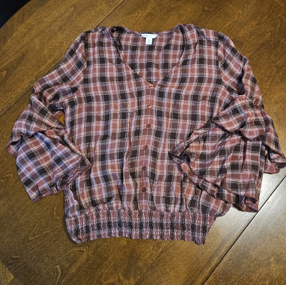 Cato Pink Plaid Ruffle Sleeve Blouse